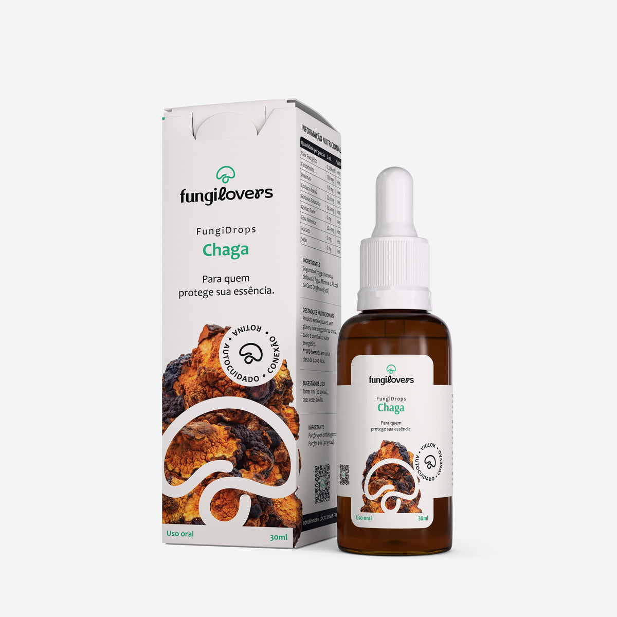 Extrato líquido de Chaga Fungilovers, frasco conta-gotas