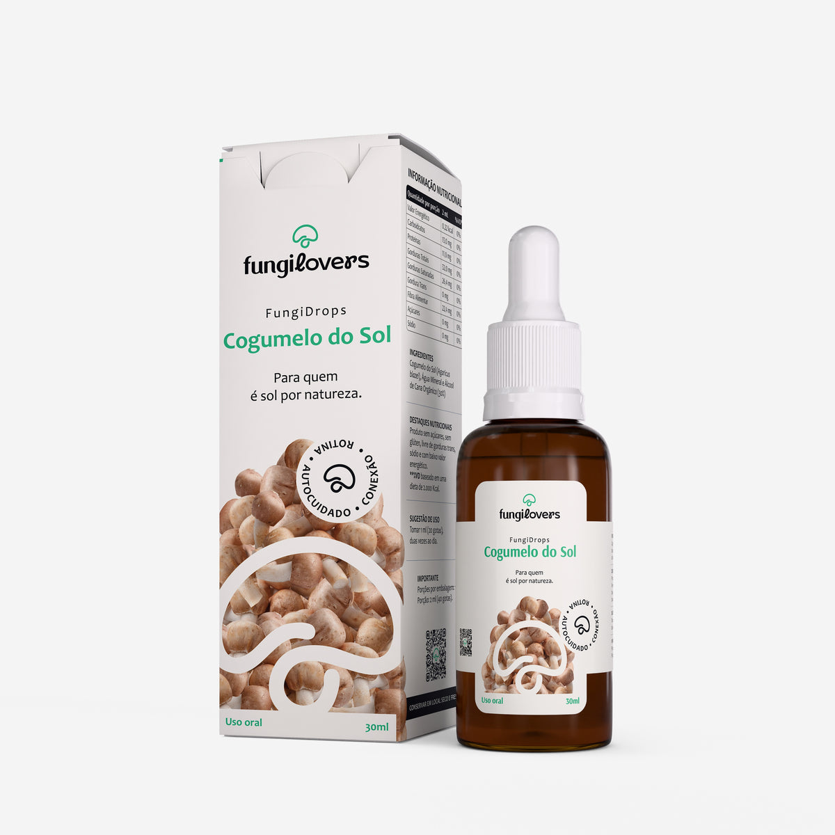 Extrato líquido de Cogumelo do Sol Fungilovers, frasco conta-gotas