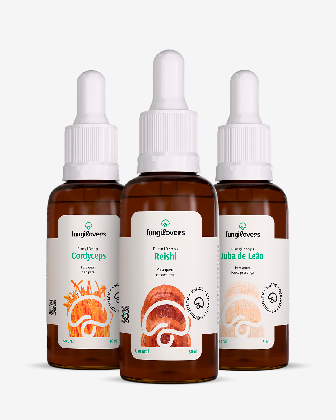 Kit Core Fungilovers: frascos de Juba de Leão + Cordyceps + Reishi